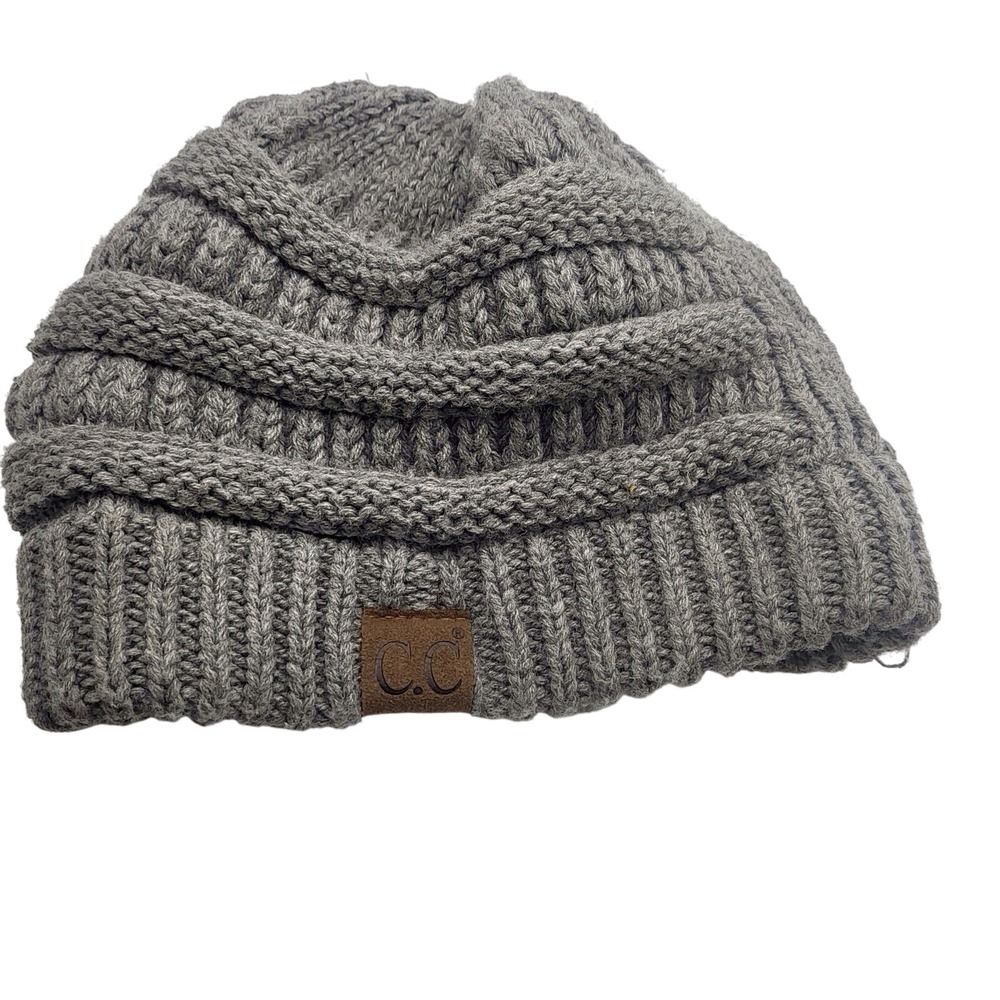 CC Criss-Cross BeanieTail Soft Stretch Cable Knit Messy High Bun Ponytail Beanie